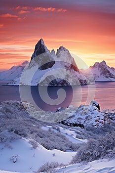 Beautiful winter sunset in the Lofoten islands, Norway