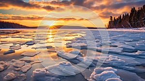 Beautiful winter sunset over frozen lake with ice floes