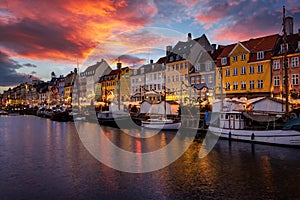 Beautiful winter sunset view of the popular Nyhavn area at Copenhagen