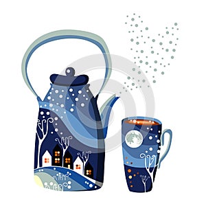 Beautiful winter teapot and cup with night town and forest.