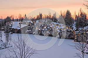 Beautiful winter view of the main marble quarry of mountain park Ruskeala  Karelia