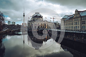 Beautiful winter view of snow covered Bode museum and UNESCO World Heritage Site Museumsinsel or Museum Island on Spree