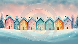 Beautiful winter village in pastel with copy space digital art. Also works well as a banner