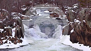 Beautiful Winter White Water Waterfall with Snowy Rocks - Great Falls National Park
