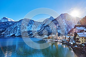 Beautiful winterlandscape of Hallstatt mountain village with Hallstatter lake in Austrian Alps