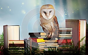 Beautiful wise owl on books in fantasy world