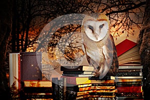 Beautiful wise owl on books in fantasy world