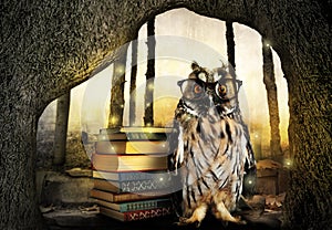 Beautiful wise owl near books in fantasy world