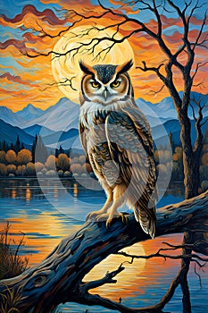 A beautiful wise owl perched on a dead branch, by waterside of a lake, againts the sunset, mountains view, painting