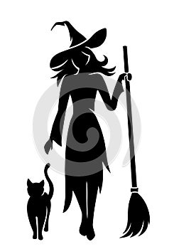 Beautiful witch with a broomstick and a cat. Vector black silhouette.