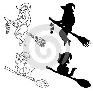 A beautiful witch and a cat are flying on a broomstick. Coloring book page for kids. Cartoon style character. Vector illustration