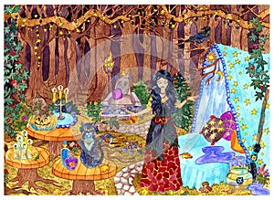 Beautiful witch with cat and traditional Halloween symbols at mystic place in fable forest