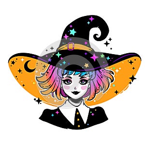 Beautiful witch in a classic hat and colored hair