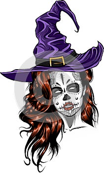 beautiful witch in a classic hat and coloured hair