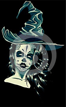 beautiful witch in a classic hat and coloured hair on black background