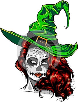 beautiful witch in a classic hat and coloured hair vector illustration design