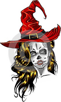beautiful witch in a classic hat and coloured hair. vector illustration on white background