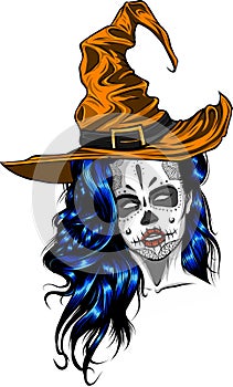 beautiful witch in a classic hat and coloured hair. vector illustration on white background