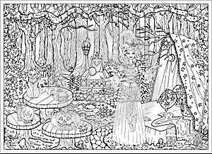 Beautiful witch girl with mystic animals at her house in the forest outdoors