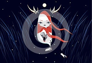 Beautiful witch in mantle and animal horns. Mystic illistration of magician female in night