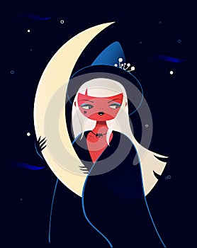 Beautiful witch in mantle and hat hold Moon. Mystic illistration photo