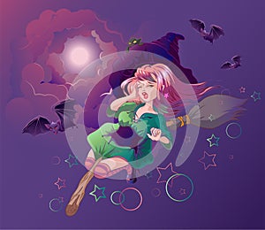 Beautiful witch woman flying on broomstick. Halloween night