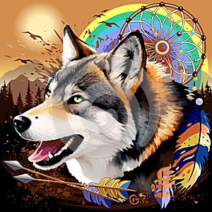 Wolf Wild Animal with Native Dreamcatchers on Wild Blue Mountains Landscape Round Vector Logo Illustration isolated on white.