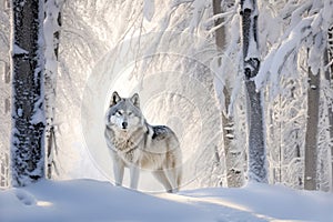 Beautiful Wolf in a snowy forest with stunning winter landscape in the background at sunrise. Amazing Wildlife. Generative Ai