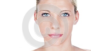 Beautiful woman aging process portrait. Female model with pink lipstick with aging skin and growing face wrinkles.