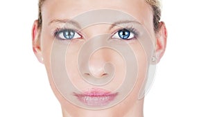 Beautiful woman aging process portrait. Female model with pink lipstick with aging skin and growing face wrinkles.