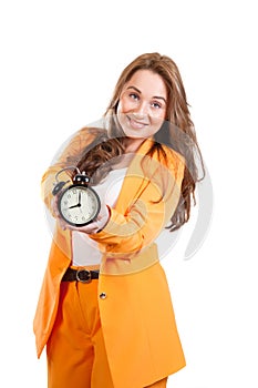 Beautiful woman with alarm clock on white backgraund