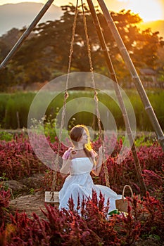 Beautiful woman amidst the flowered park