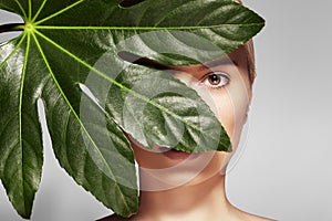 Beautiful woman applies Organic Cosmetic. Spa and Wellness. Model with Clean Skin. Healthcare. Picture with leaf