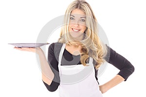 Beautiful woman in apron holding your product