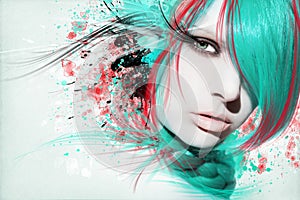 Beautiful woman, Artwork with ink in grunge style photo