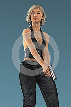 Beautiful woman assassin holding a gun in fighting position