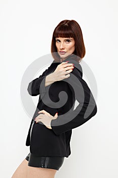 beautiful woman attractive glance posing black jacket fashion Lifestyle unaltered