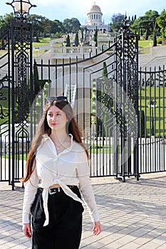 A beautiful woman in the Baha`i Garden in Haifa, Israel