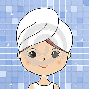 Beautiful woman in bathroom with head towel making cosmetic procedures. Facial mask, face wash. Young girl portrait