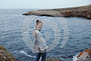 beautiful woman beach tourism cloudy weather stone coast Lifestyle