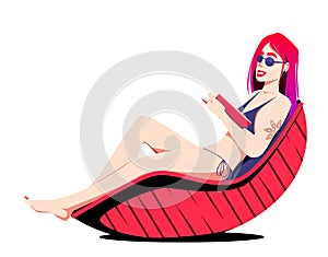 A beautiful woman in a bikini reads a book while lying in an unusual red wooden rocking chair. Vector illustration