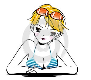 Beautiful woman in bikini and sunglasses in swimming pool.