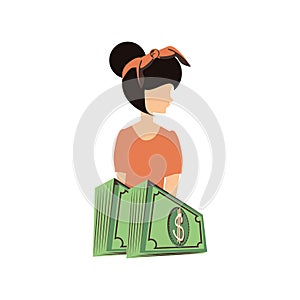 Beautiful woman with bills dollars retro style