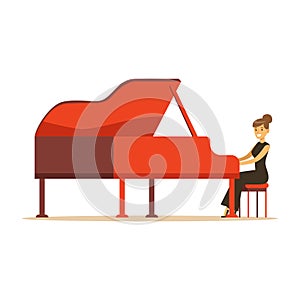 Beautiful woman in black dress playing red grand piano vector Illustration