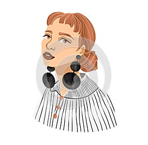 Beautiful woman with black earrings and a striped blouse. Modern abstract fashion portrait