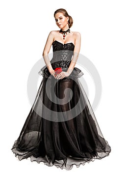 Beautiful Woman In Black Evening Gown holding Red Rose, Vintage Fashion Corset Chiffon Dress Cut Out White