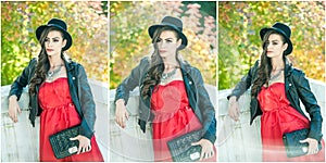 Beautiful woman with black hat posing in autumnal park. Young brunette spending time during autumn in forest