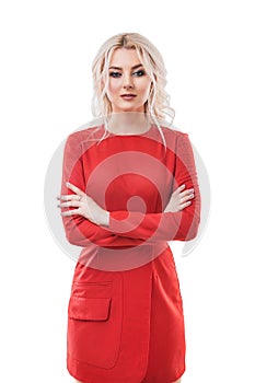 Beautiful Woman Blonde Fashion Model in red dress isolated on white