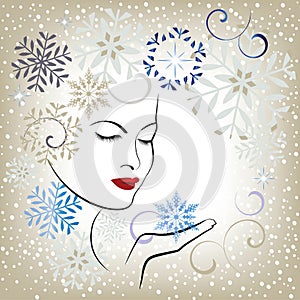 Beautiful woman blowing snowflakes - stylized