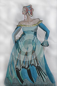 A beautiful woman in a blue crinoline.